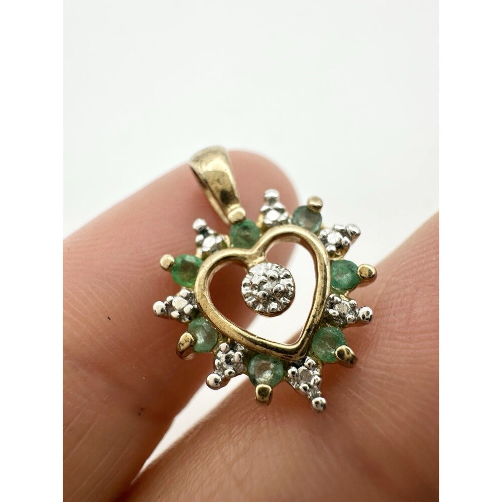 925 Sterling Silver Gold Vermeil Genuine Emerald Diamond Heart Pendant